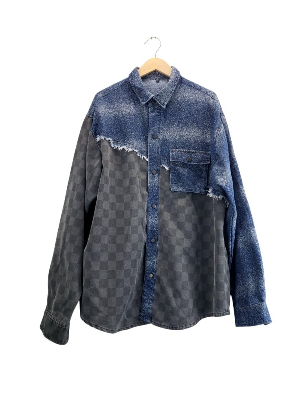 Mixed-Media LongSleeve Button Down Shirt 3X Unisex Blue Gray Streetwear Shacket